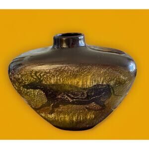 Vtg Mid-Century Seyei Ceramic Vase after Lascaux Cave Art, Bull & Bison 6-1/2"